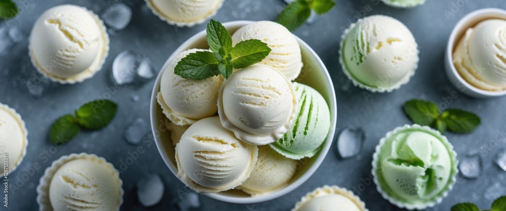 Poster Refreshing Ice Cream Indulgence with Mint Leaves and Empty Copy Space for Your Text on a Cool Gray Background