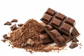 Fototapeta premium Delicious dark chocolate bars and cocoa powder arranged on a white surface