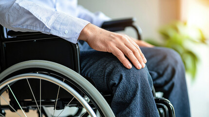 Obraz premium close up of hand resting on wheelchair, showcasing moment of calm and reflection