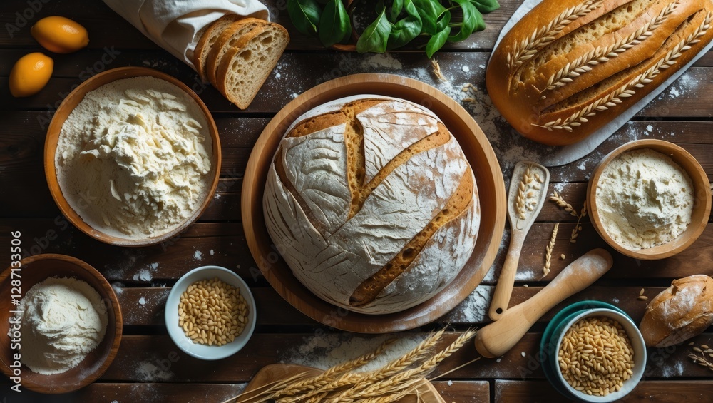 Poster organic bread preparation on a wooden table with flour, rye, and ingredients showcasing a bakery con