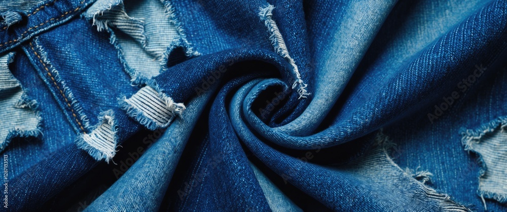 Poster Ripped denim fabric texture in blue swirling pattern background ideal for design projects and creative applications with space for text