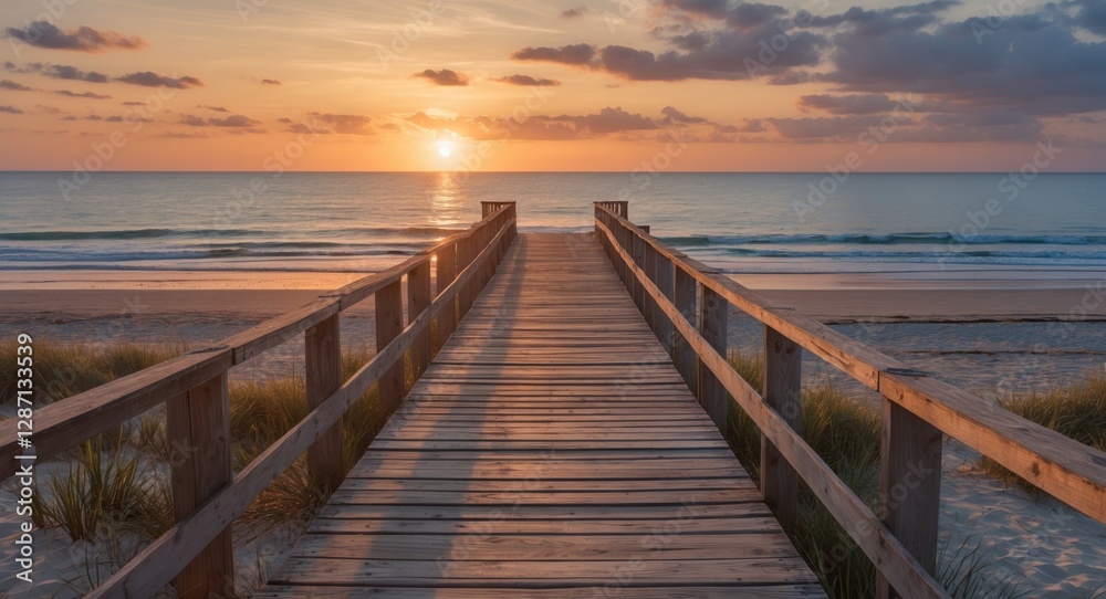 Aufkleber Scenic Beach Jetty Leading Towards Calm Water at Sunset With Space for Text and Imagery