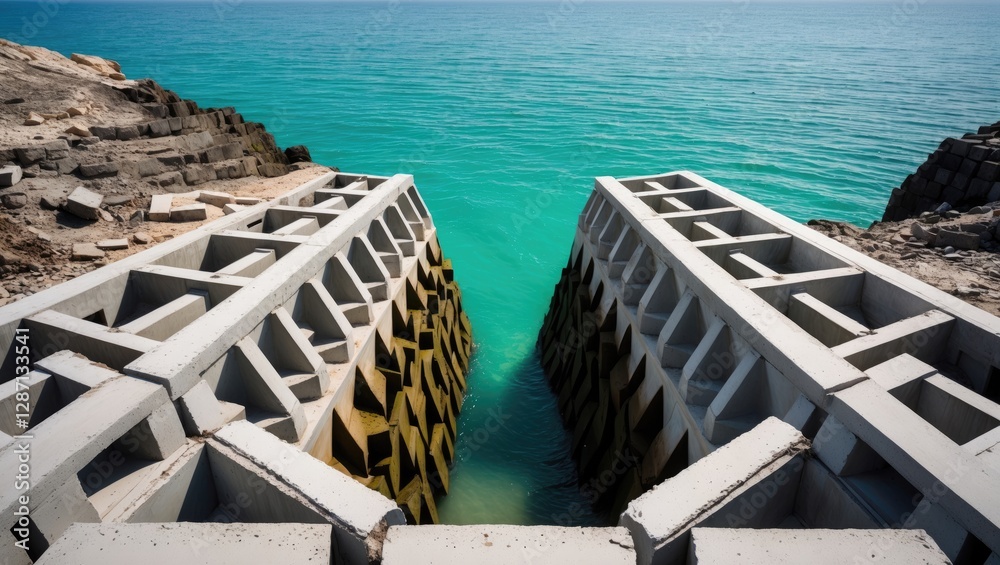 Poster high angle view of interlocking concrete breakwater extending into turquoise waters under clear blue