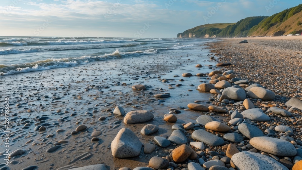 Poster coastal serenity pebble beach under high tide ideal for family holidays with calm waves and scenic b