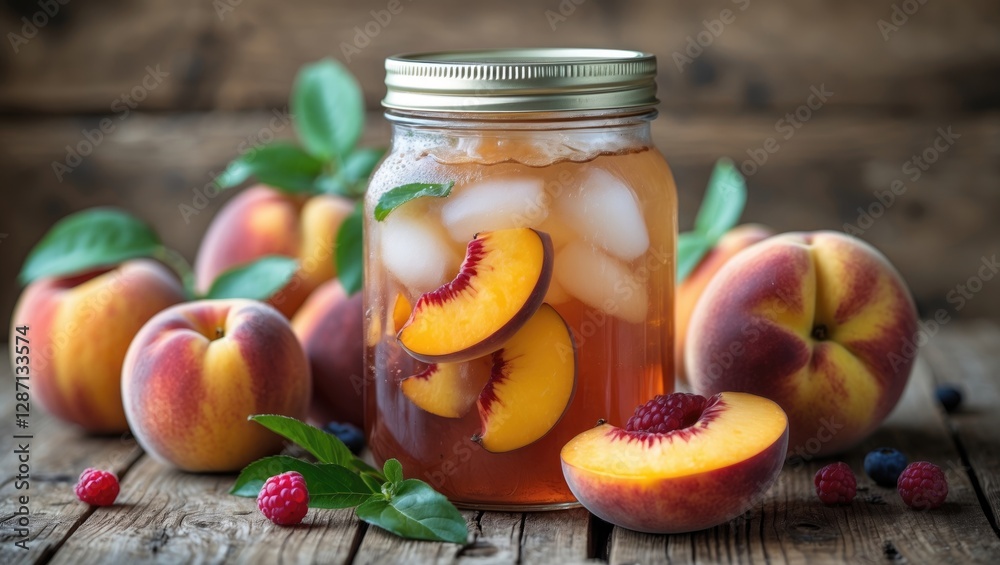 Poster refreshing peach iced tea in jar surrounded by fresh fruits on rustic wooden table