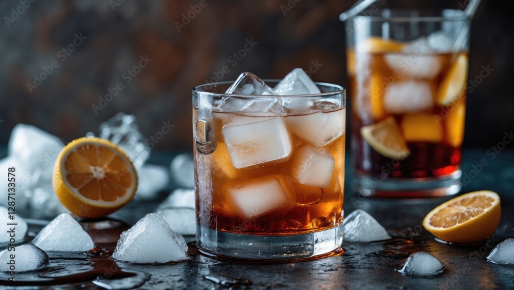 Aufkleber refreshing iced tea cocktail with vodka and ice cubes served with lemon garnish on a dark slate back
