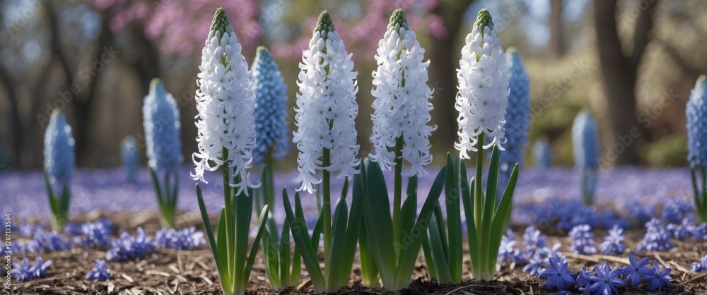 Poster vibrant hyacinths and blue flowers in a lush garden setting with ample copy space for creative text 