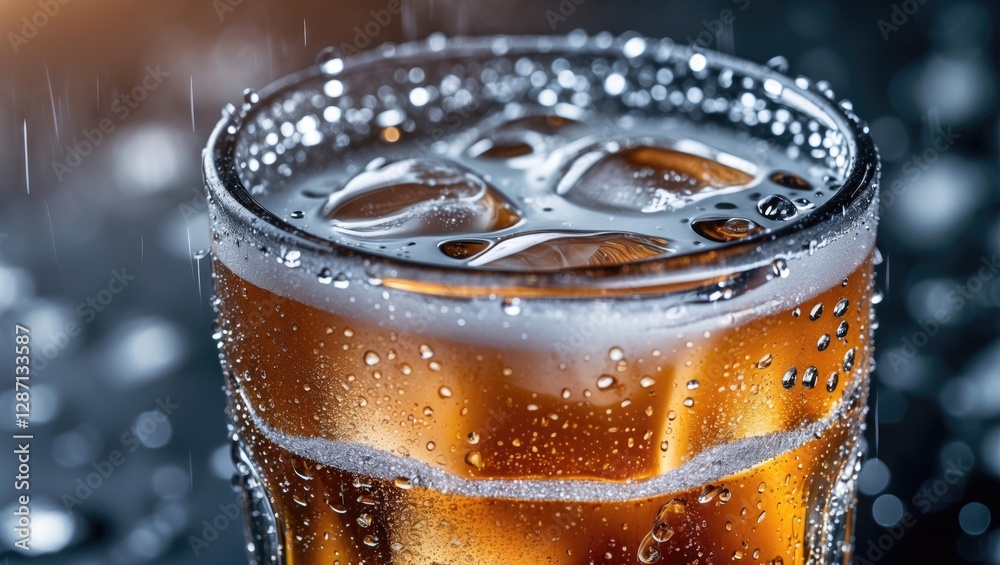 Poster Refreshing Ice Cold Beverage with Water Droplets on Glass Surrounded by Empty Space for Text and Graphic Design Elements