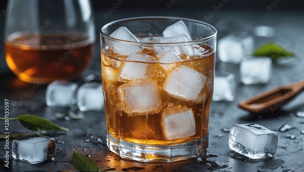 Poster refreshing tea cocktail with ice and garnishes in a glass on dark background with copy space for bev