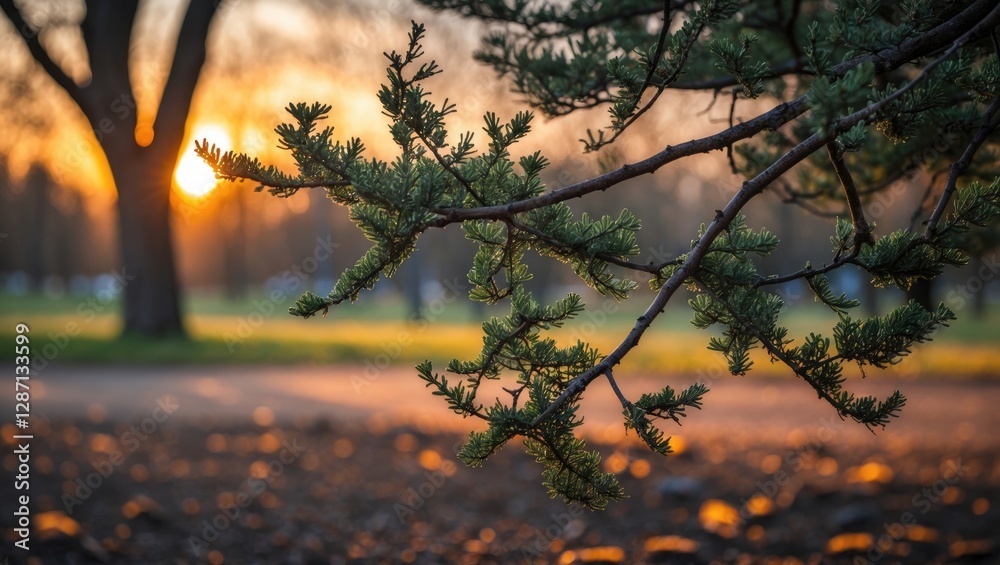 Leinwandbilder sunset illuminating a juniper branch in a serene park with a warm glow creating a tranquil atmospher