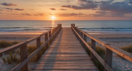 Obraz premium Scenic Beach Jetty Leading Towards Calm Water at Sunset With Space for Text and Imagery