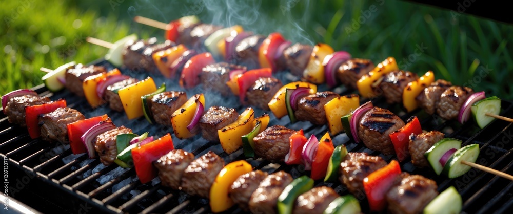Aufkleber grilled kebabs with colorful vegetables on skewers over charcoal on a summer day outdoors