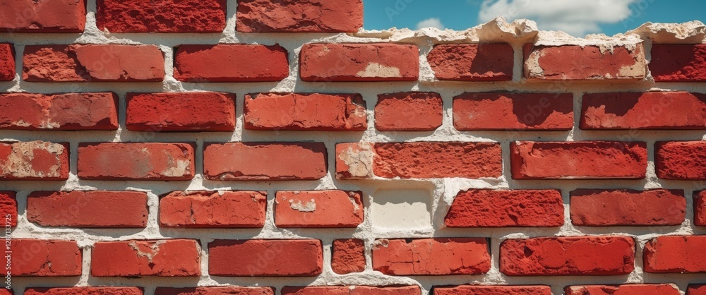 Poster red building bricks with weathered texture and dried white mortar forming a wall under a clear blue 