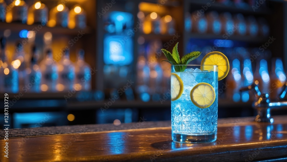 Aufkleber Refreshing Gin and Tonic Cocktail with Lemon and Mint on a Bar Counter in a Stylish Ambient Setting
