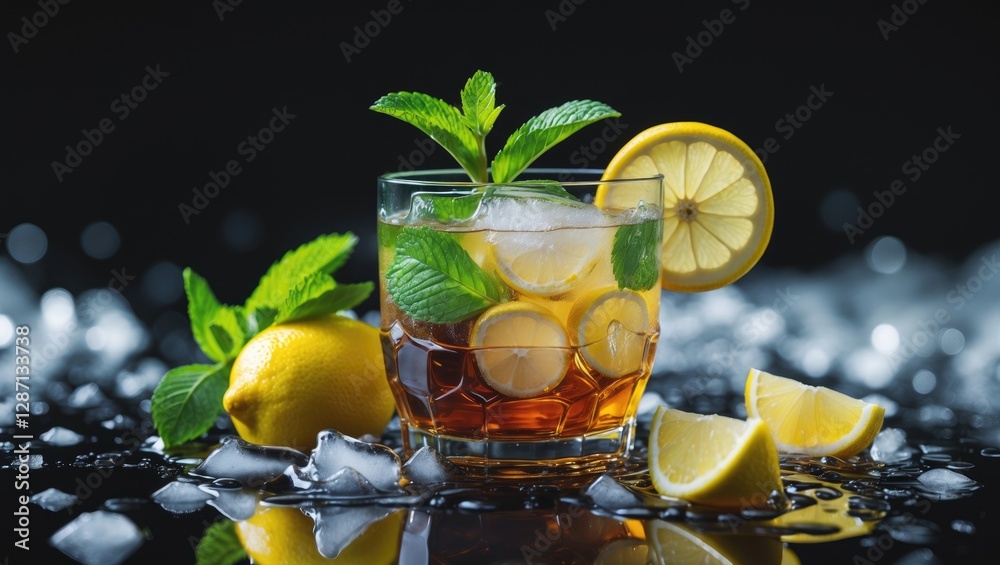 Poster Refreshing Iced Tea with Lemon and Mint Garnish on Black Background with Ice and Space for Text or Branding