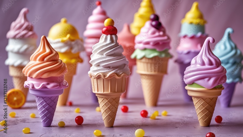 Poster colorful plastic ice cream cones displayed on a soft background with copy space for creative promoti
