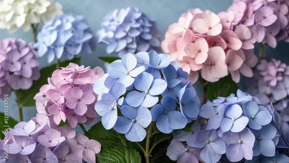 Poster Hydrangeas in soft pastel tones creating a serene and calming background for stylish design and decor applications.