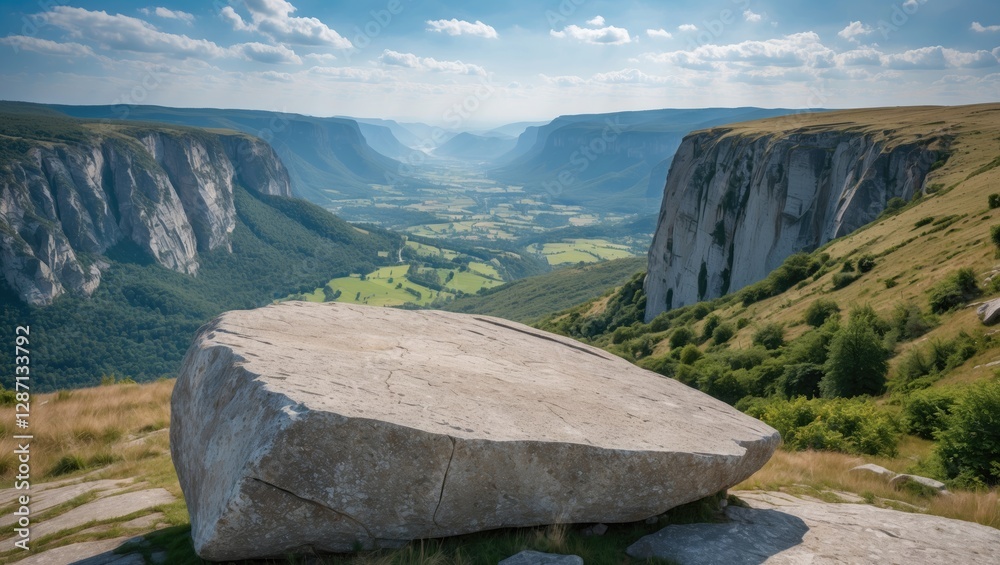 Aufkleber majestic stone formations overlooking lush valley landscape with expansive skies and copy space for 