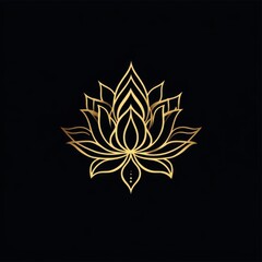Gold lotus flower line art on black	