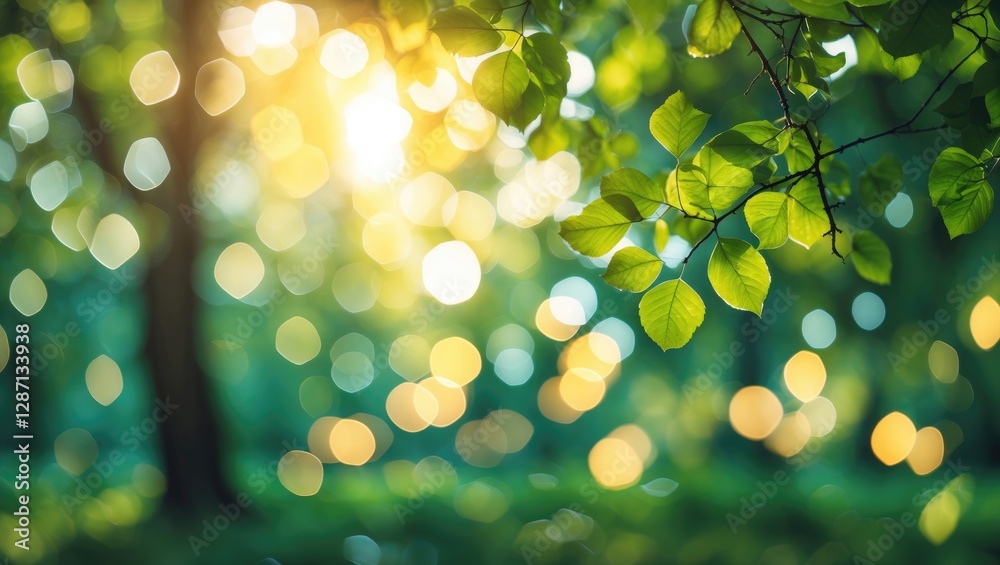 Fototapete Bokeh background of green leaves illuminated by sunlight creating an ethereal forest atmosphere for creative design and inspiration.