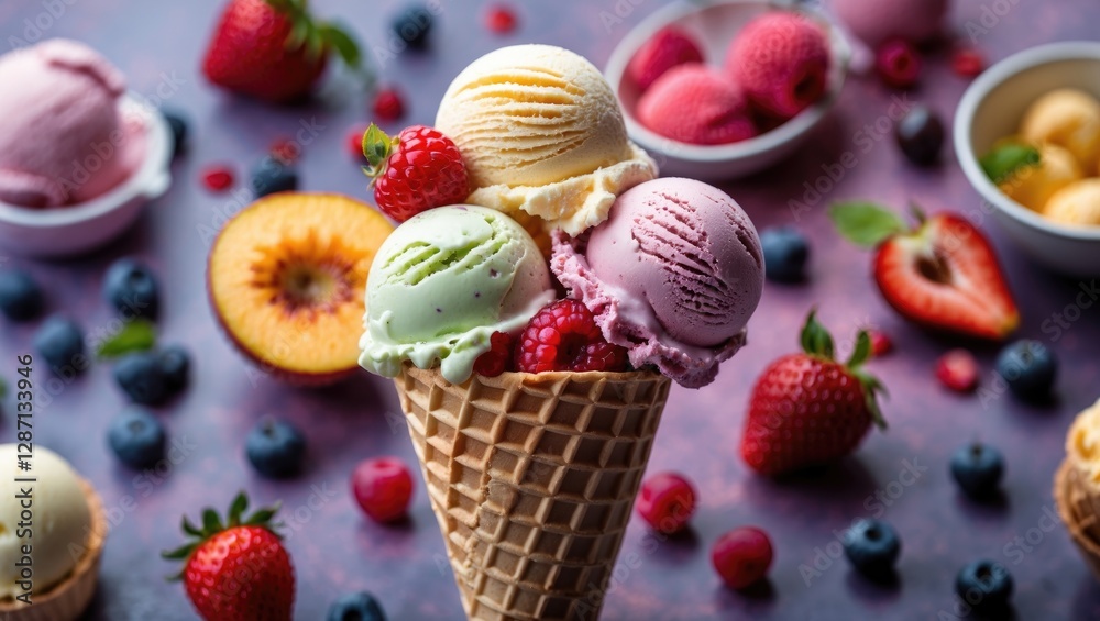 Poster delicious assorted fruit ice cream in a waffle cone surrounded by fresh berries and colorful fruit o