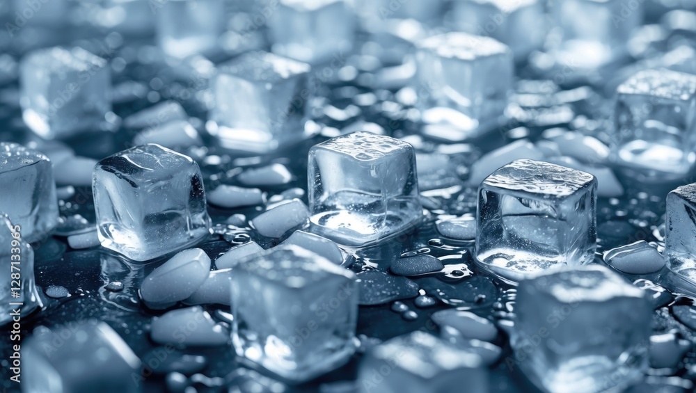 Poster close up of glistening ice cubes on a reflective surface with droplets showcasing freshness and cool