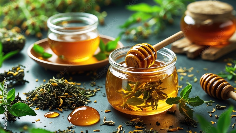 Aufkleber Herbal Tea and Honey Composition with Fresh Ingredients and Empty Space for Custom Text in a Natural Setting