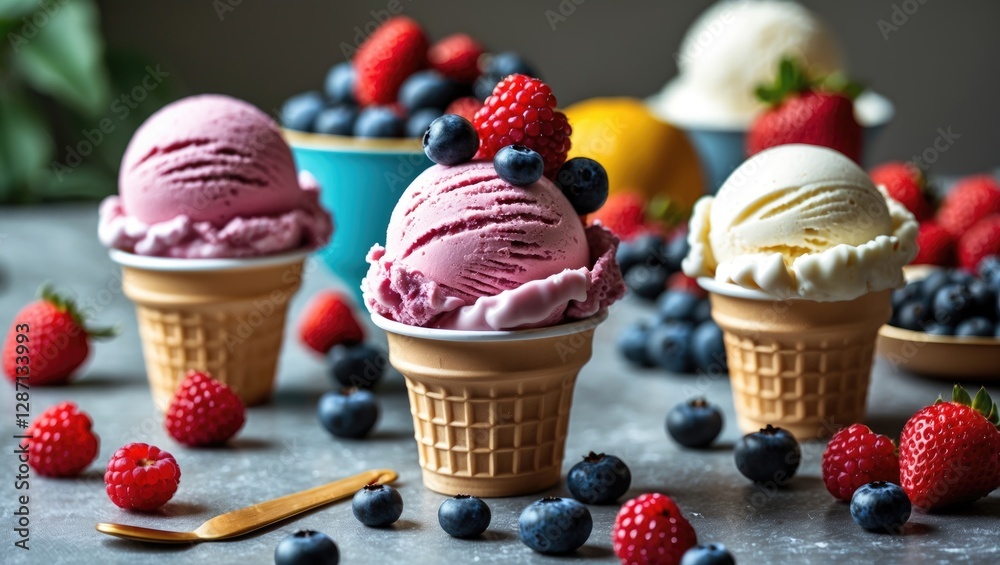 Aufkleber Colorful Ice Cream Cups with Fresh Berries on a Table and Empty Space for Text in a Bright, Delicious Summer Setting