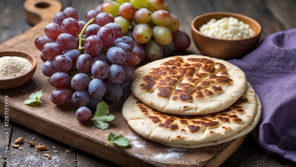 Poster Flatbreads and fresh grapes arranged on a wooden board with cheese for a rustic culinary presentation.