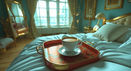 Elegant cup of coffee on a decorative tray in a beautifully lit bedroom, creating a cozy morning atmosphere and inviting relaxation.