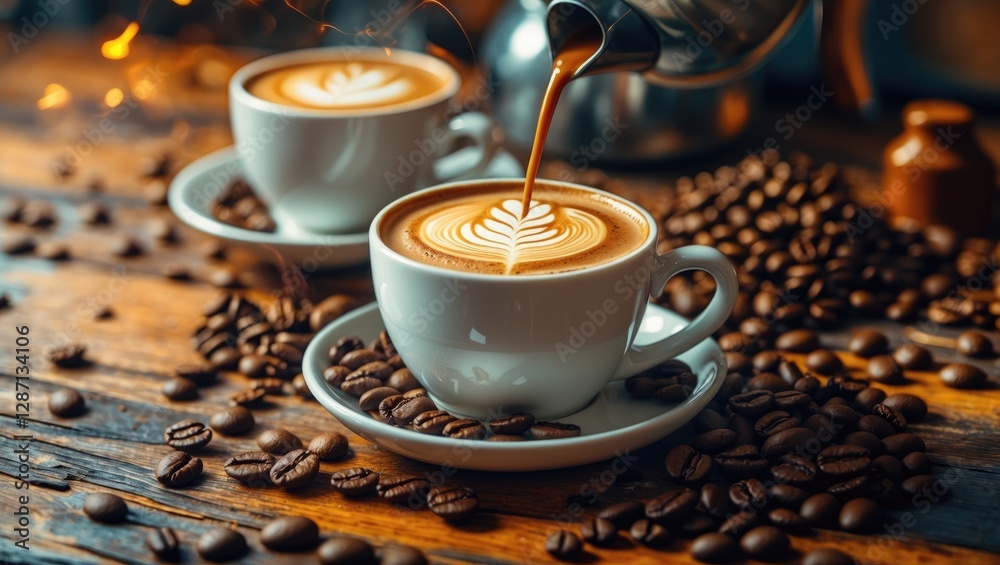 Aufkleber artisan cappuccino served in elegant cups surrounded by coffee beans on rustic wooden table creating