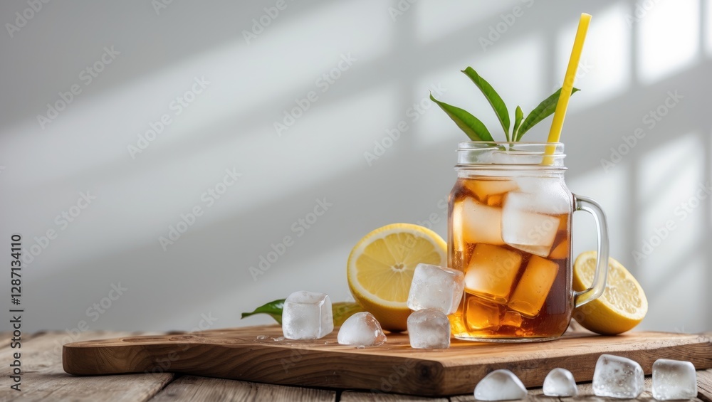 Poster Refreshing Iced Tea in a Jar with Lemon and Ice on Rustic Wooden Surface with Copy Space for Text in Bright Natural Light.