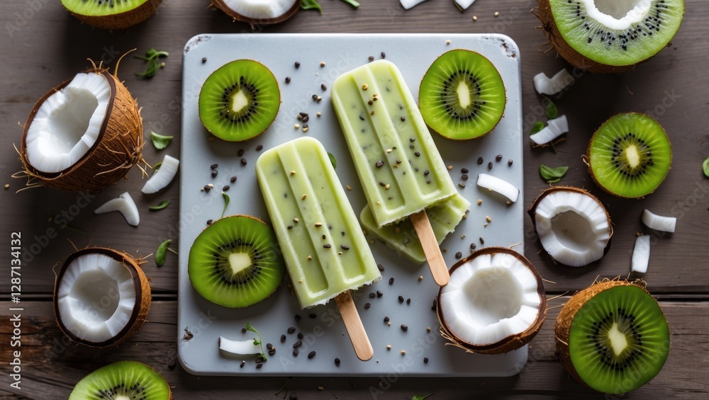 Poster refreshing kiwi coconut chia popsicles surrounded by fresh fruit and coconut on wooden table with sp