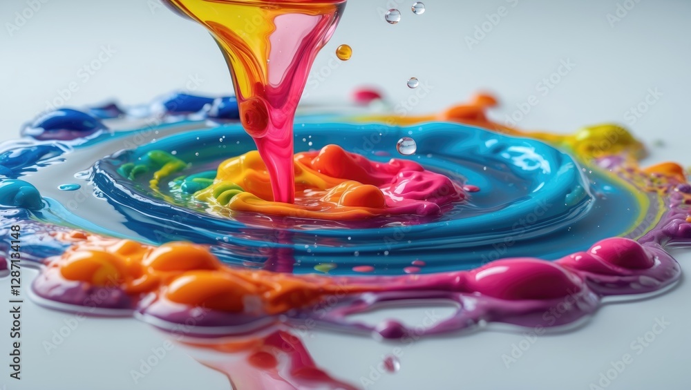 Fototapete Colorful ink droplets creating abstract patterns in water captured in motion on a white background showcasing vibrant fluid dynamics.
