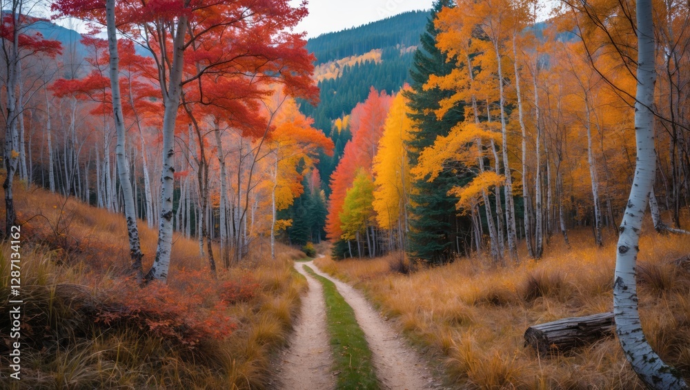 Poster autumn hiking trail surrounded by vibrant trees showcasing a spectrum of fall colors in a serene nat