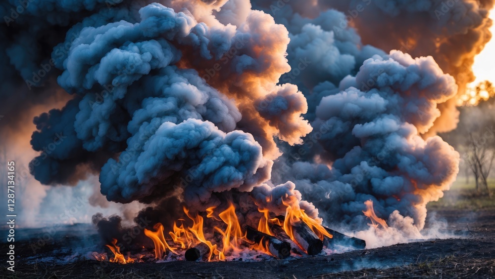 Aufkleber dramatic smoke clouds rising from burning wood with vibrant flames creating an intense and captivati
