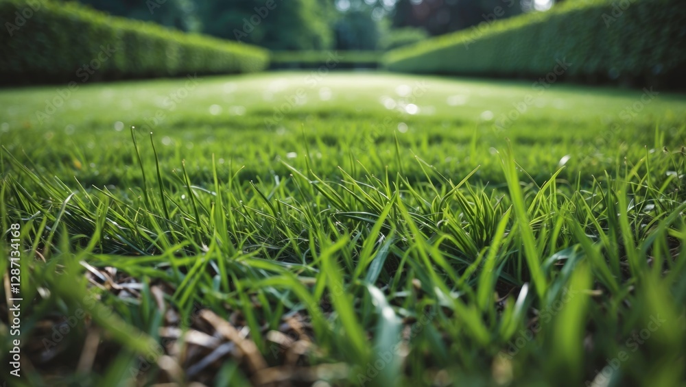 Poster Ground level view of freshly cut grass in a well-maintained garden with blurred trees and hedgerow in the background, showcasing outdoor tranquility.