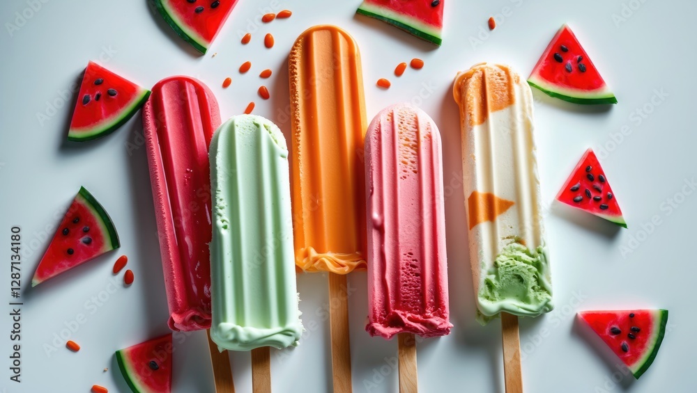 Poster colorful ice cream sticks on white background featuring watermelon and fruit flavors with fresh wate