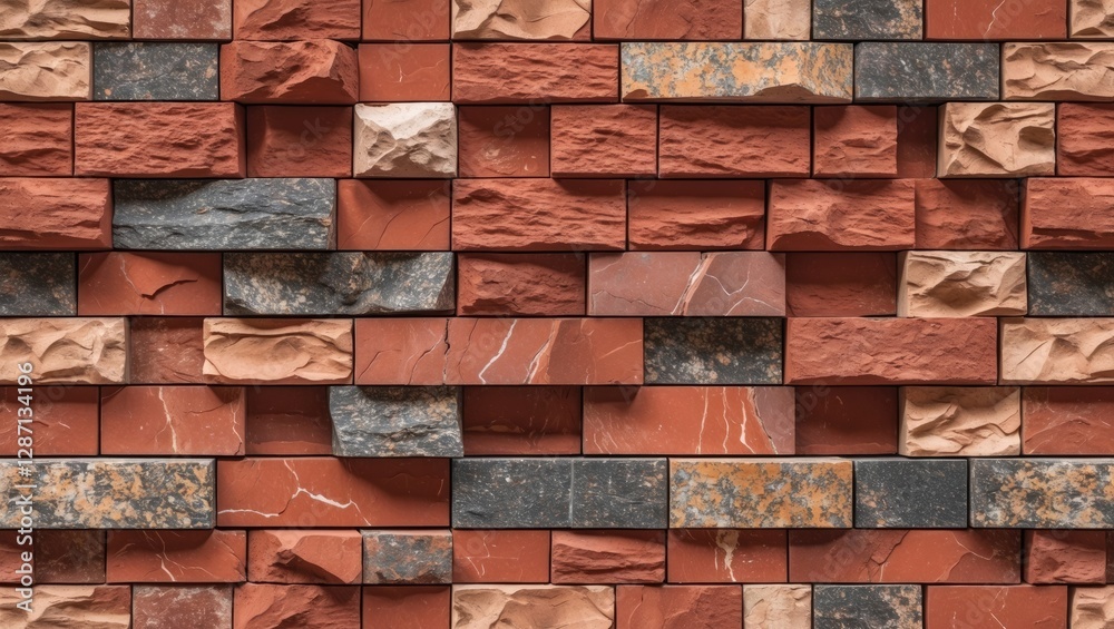 Aufkleber Textured red stone wall cladding with varied patterns featuring terracotta sandstone and granite in a horizontal layout for design backgrounds.