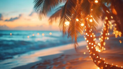 Beach background, tropical decorations, palm trees with lights, festive beach scene, [Christmas background], [beach holiday]