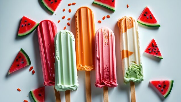 Colorful Ice Cream Sticks on White Background Featuring Watermelon and Fruit Flavors with Fresh Watermelon Slices and Empty Space for Text - Powered by Adobe