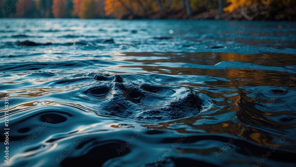 Leinwandbilder Dark water surface with ripples in autumn forest reflecting vibrant colors creating an abstract texture in a tranquil river setting.