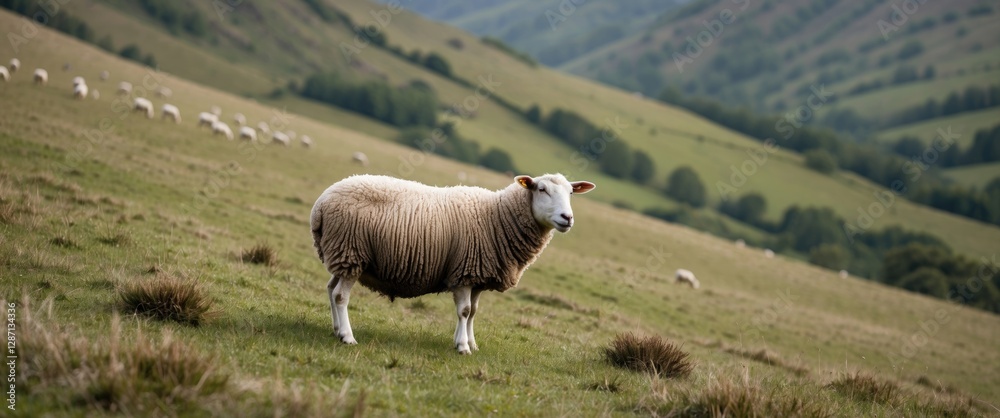 Poster Lone sheep grazing on a hillside with lush greenery and gentle slopes providing ample copy space for text or branding.