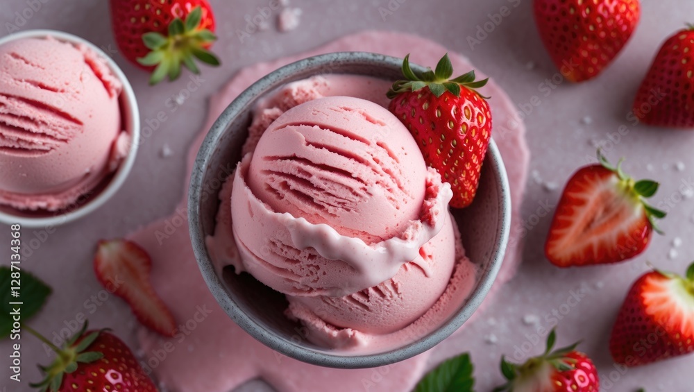Poster delicious homemade strawberry ice cream served in a bowl with fresh strawberries and a creamy textur