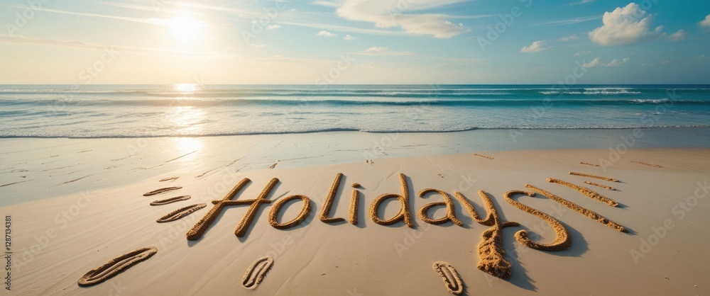 Poster holidays message drawn in sand on tranquil beach with gentle waves and warm sunlight for relaxation 
