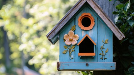 Charming Colorful Birdhouse with Decorative Flowers and Nature Background