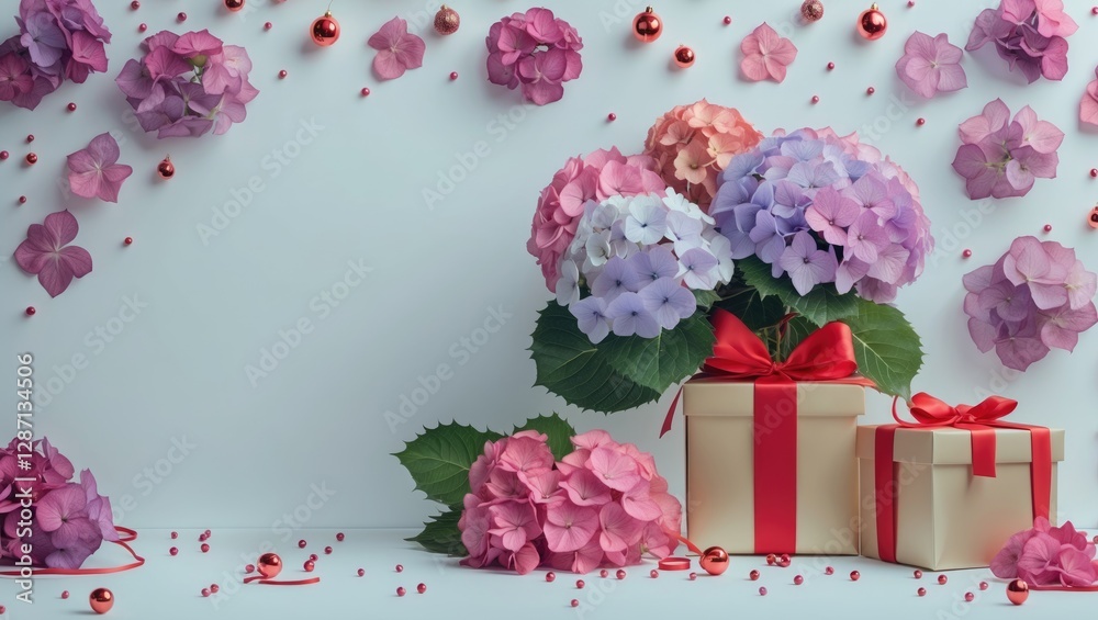 Poster vibrant hydrangeas and gift boxes on a light background with decorative elements and copy space for 