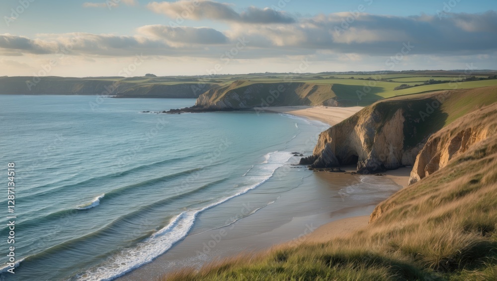 Poster scenic coastal landscape at holywell bay featuring cliffs and waves with expansive empty space for t
