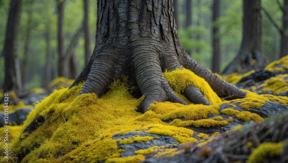Poster close-up of tree roots adorned with vibrant yellow moss in a serene forest setting showcasing nature