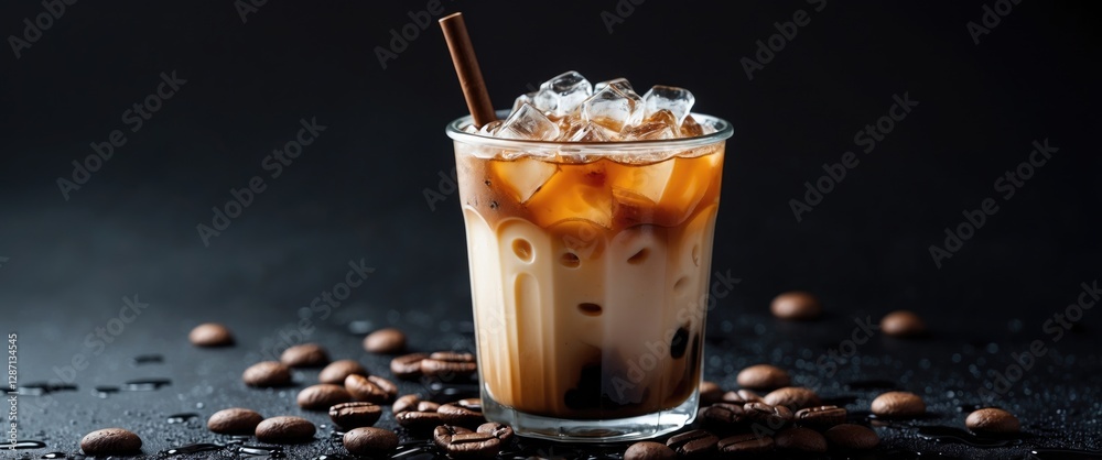 Poster iced coffee in a glass with ice cubes on a dark background showcasing coffee beans and ample space f
